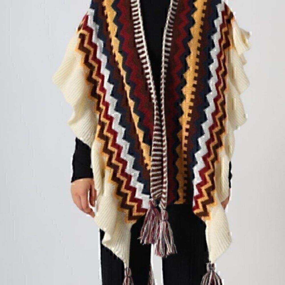 Knitted Wool Geometric Chevron Tassel Shoulder Shawl Poncho
